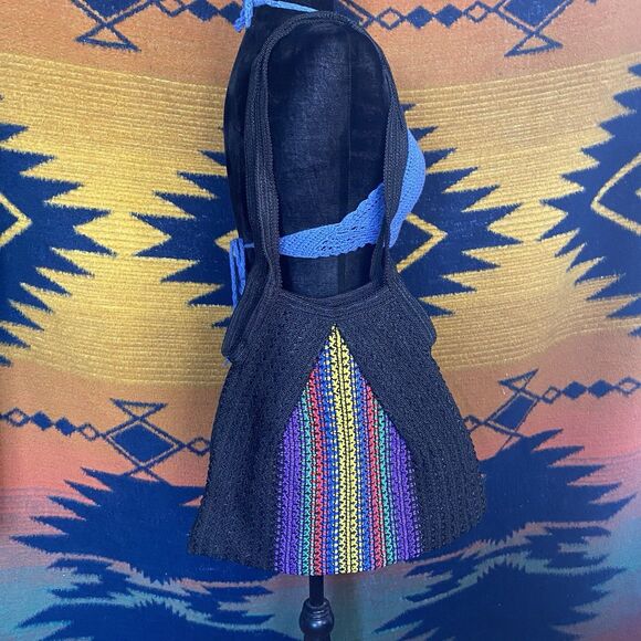 Y2K Black Knit Crochet Shoulder Bag. Rainbow Design. Excellent Shape! Bohemian. - Picture 1 of 7